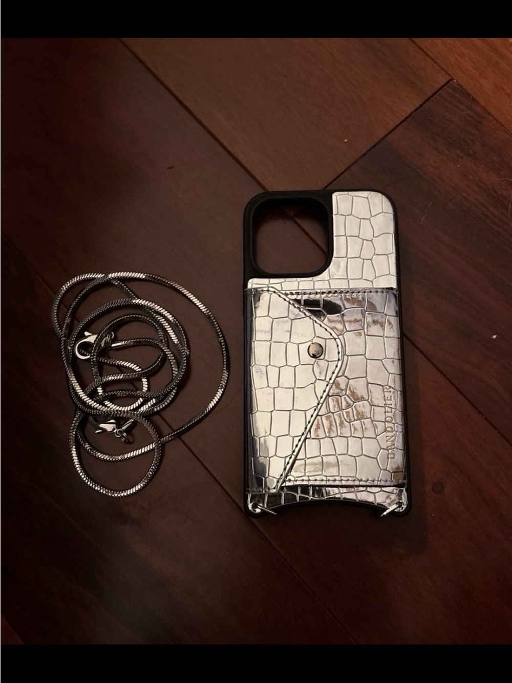 Bandolier 14 Pro Max Silver Croc-Embossed Phone Case with Removable Chain Strap